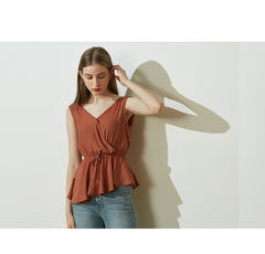 Sleeveless Wrap Linen Top with Adjustable Waist Tie and Flared Hem for Summer Elegance