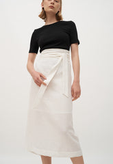 High-Waisted Wrap Linen Midi Skirt with Back Slit and Tie Waist for Elegant Styling