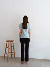 Short Sleeve Linen Blouse with Square Neckline and Darted Fit for Feminine Silhouette