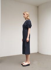 Women's Navy Linen Midi Dress – Short Wide Sleeve Belted Dress with Side Slit Detail