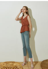 Sleeveless Wrap Linen Top with Adjustable Waist Tie and Flared Hem for Summer Elegance