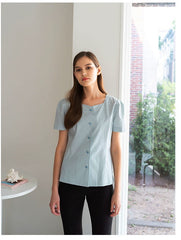 Short Sleeve Linen Blouse with Square Neckline and Darted Fit for Feminine Silhouette