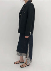 Tailored Double-Breasted Linen Blazer With Pearl Button Accents And Structured Silhouette