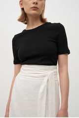 High-Waisted Wrap Linen Midi Skirt with Back Slit and Tie Waist for Elegant Styling