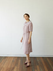 Linen Midi Dress with Ruffled Collar and Tie Waist – Elegant Short Sleeve Women's Dress