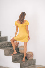 Linen Puff Sleeve Mini Dress with Sweetheart Neckline and Fitted Bodice