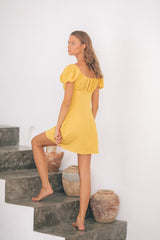 Linen Puff Sleeve Mini Dress with Sweetheart Neckline and Fitted Bodice