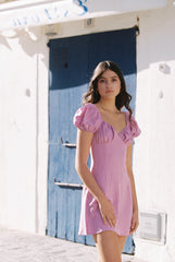 Puff Sleeve Linen Mini Dress with Ruched Bust and Sweetheart Neckline