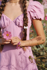 Puff Sleeve Linen Mini Dress with Ruched Bust and Sweetheart Neckline