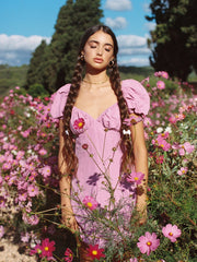 Puff Sleeve Linen Mini Dress with Ruched Bust and Sweetheart Neckline