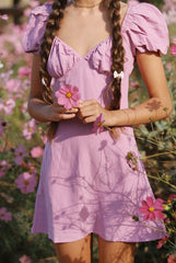 Puff Sleeve Linen Mini Dress with Ruched Bust and Sweetheart Neckline