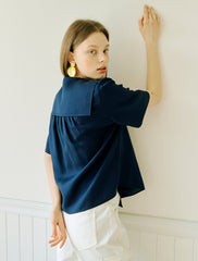 Women's Linen Double-Breasted Blouse with Short Sleeves and Sailor Collar – Relaxed Fit Top