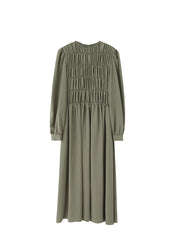 Elegant Smocked Long Sleeve Linen Midi Dress with Pleated Bodice and Flowing Skirt
