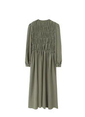 Elegant Smocked Long Sleeve Linen Midi Dress with Pleated Bodice and Flowing Skirt