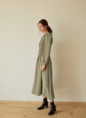 Elegant Smocked Long Sleeve Linen Midi Dress with Pleated Bodice and Flowing Skirt