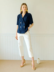 Women's Linen Double-Breasted Blouse with Short Sleeves and Sailor Collar – Relaxed Fit Top