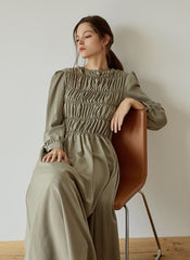 Elegant Smocked Long Sleeve Linen Midi Dress with Pleated Bodice and Flowing Skirt