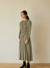 Elegant Smocked Long Sleeve Linen Midi Dress with Pleated Bodice and Flowing Skirt