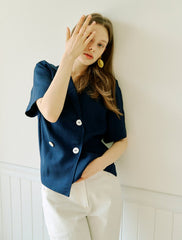 Women's Linen Double-Breasted Blouse with Short Sleeves and Sailor Collar – Relaxed Fit Top