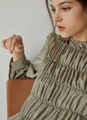 Elegant Smocked Long Sleeve Linen Midi Dress with Pleated Bodice and Flowing Skirt