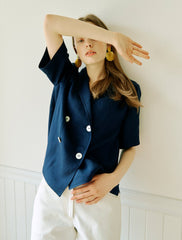 Women's Linen Double-Breasted Blouse with Short Sleeves and Sailor Collar – Relaxed Fit Top