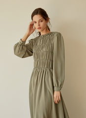 Elegant Smocked Long Sleeve Linen Midi Dress with Pleated Bodice and Flowing Skirt