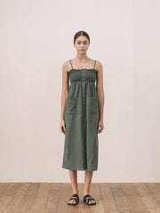 Women's Smocked Linen Midi Dress with Button Front and Patch Pockets – Adjustable Strap Design