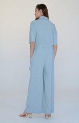 Chic Tailored Linen Jumpsuit with Wide-Leg Fit and Waist Tie for Effortless Elegance