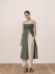 Women's Smocked Linen Midi Dress with Button Front and Patch Pockets – Adjustable Strap Design