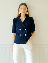 Women's Linen Double-Breasted Blouse with Short Sleeves and Sailor Collar – Relaxed Fit Top