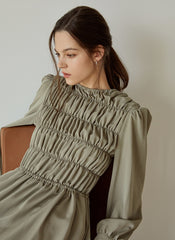 Elegant Smocked Long Sleeve Linen Midi Dress with Pleated Bodice and Flowing Skirt