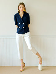 Women's Linen Double-Breasted Blouse with Short Sleeves and Sailor Collar – Relaxed Fit Top