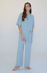 Chic Tailored Linen Jumpsuit with Wide-Leg Fit and Waist Tie for Effortless Elegance
