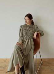 Elegant Smocked Long Sleeve Linen Midi Dress with Pleated Bodice and Flowing Skirt