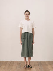 Women's Smocked Linen Midi Dress with Button Front and Patch Pockets – Adjustable Strap Design