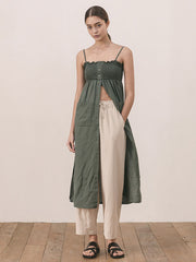 Women's Smocked Linen Midi Dress with Button Front and Patch Pockets – Adjustable Strap Design