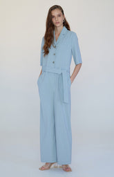 Chic Tailored Linen Jumpsuit with Wide-Leg Fit and Waist Tie for Effortless Elegance