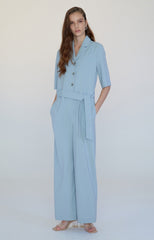 Chic Tailored Linen Jumpsuit with Wide-Leg Fit and Waist Tie for Effortless Elegance