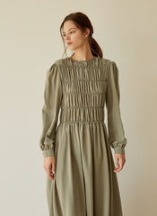 Elegant Smocked Long Sleeve Linen Midi Dress with Pleated Bodice and Flowing Skirt