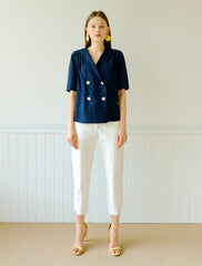 Women's Linen Double-Breasted Blouse with Short Sleeves and Sailor Collar – Relaxed Fit Top