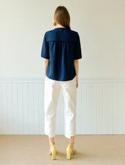 Women's Linen Double-Breasted Blouse with Short Sleeves and Sailor Collar – Relaxed Fit Top