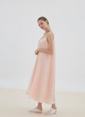 Minimalist Sleeveless Linen Midi Dress with Spaghetti Straps and Relaxed Flowy Silhouette