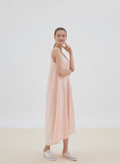 Minimalist Sleeveless Linen Midi Dress with Spaghetti Straps and Relaxed Flowy Silhouette