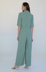 Soft Linen Belted Short-Sleeve Jumpsuit with Pockets and Relaxed Fit for Effortless Style