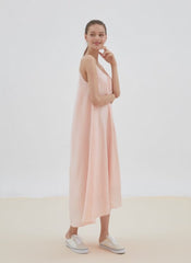 Minimalist Sleeveless Linen Midi Dress with Spaghetti Straps and Relaxed Flowy Silhouette