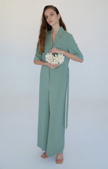 Soft Linen Belted Short-Sleeve Jumpsuit with Pockets and Relaxed Fit for Effortless Style