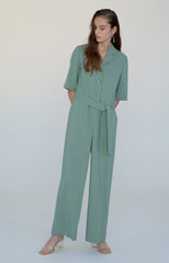 Soft Linen Belted Short-Sleeve Jumpsuit with Pockets and Relaxed Fit for Effortless Style