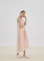 Minimalist Sleeveless Linen Midi Dress with Spaghetti Straps and Relaxed Flowy Silhouette