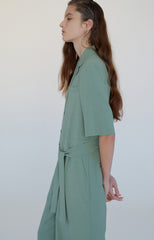 Soft Linen Belted Short-Sleeve Jumpsuit with Pockets and Relaxed Fit for Effortless Style