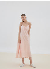 Minimalist Sleeveless Linen Midi Dress with Spaghetti Straps and Relaxed Flowy Silhouette